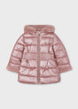 Mayoral girls metallic pink puffer jacket with faux fur hood trim, faux fur cuffs and gold-tone zipper, front view