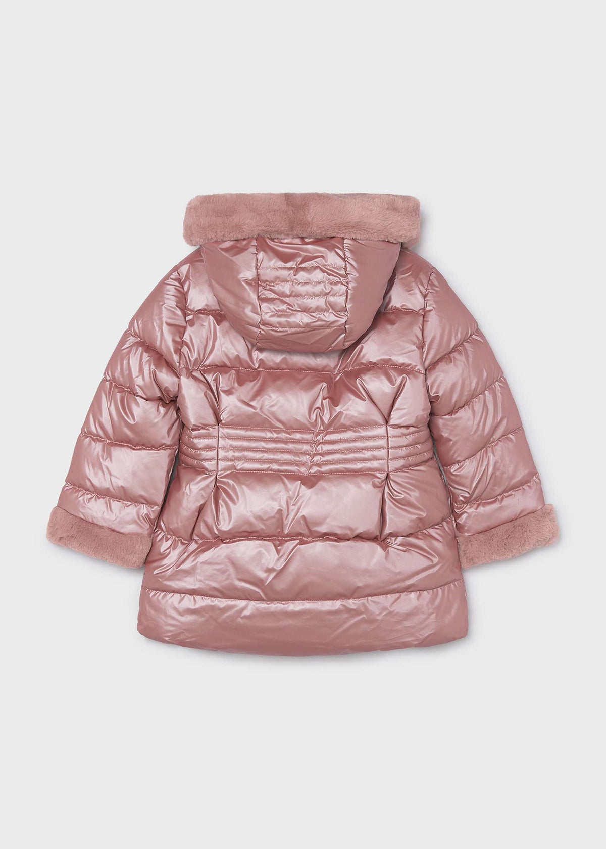 Metallic quartz pink girls puffer jacket from the back, showing faux fur hood edge and cuffs