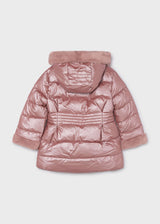 Metallic quartz pink girls puffer jacket from the back, showing faux fur hood edge and cuffs