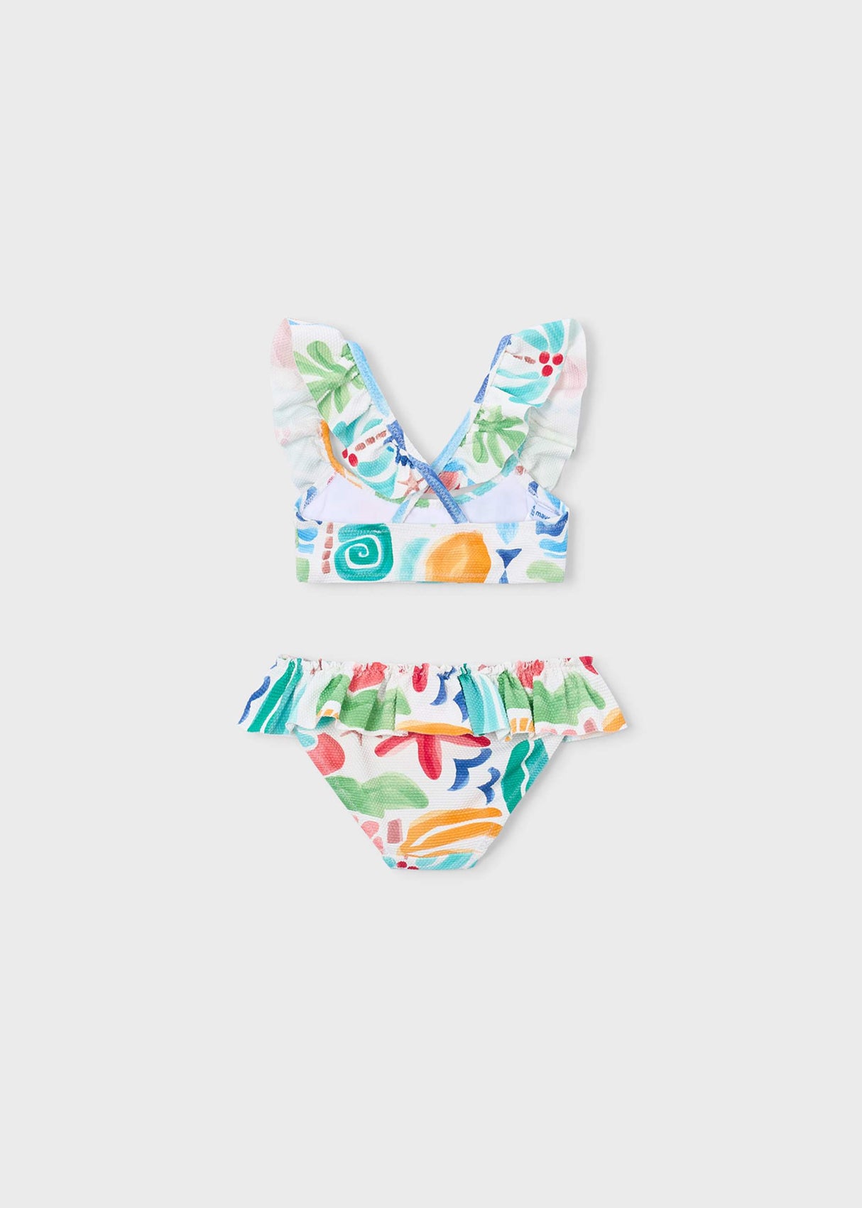 Mayoral girls ruffled bikini set showing printed top and matching swim bottoms.