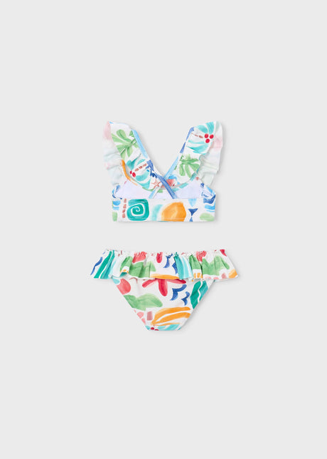 Mayoral girls ruffled bikini set showing printed top and matching swim bottoms.