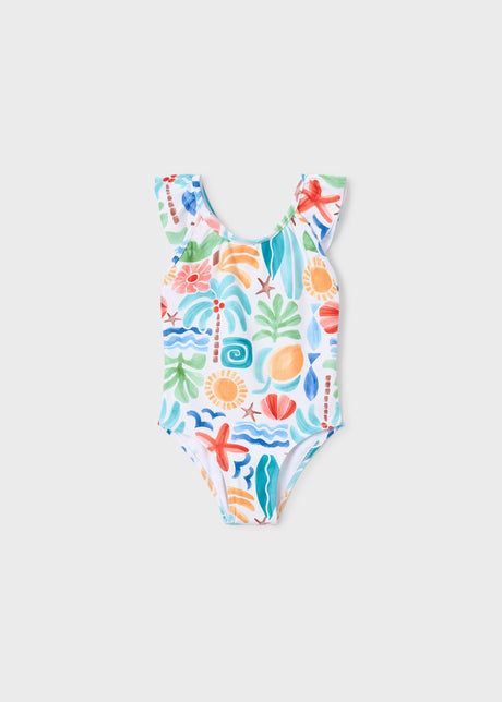 Mayoral girls Ivory/Multicolor one-piece swimsuit with ruffled shoulders and playful summer print.