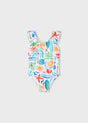 Mayoral girls Ivory/Multicolor one-piece swimsuit with ruffled shoulders and playful summer print.
