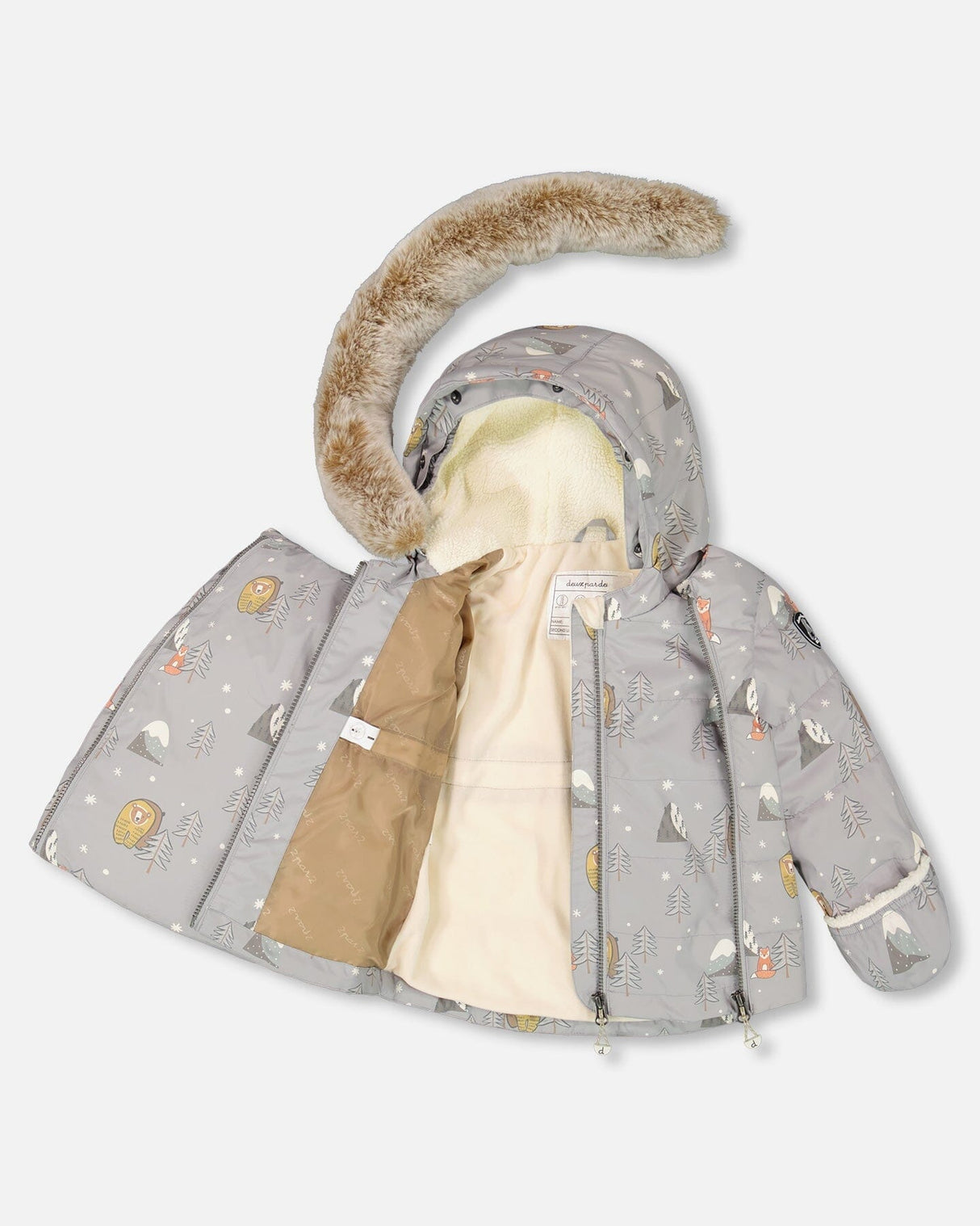 Angled view showing jacket lining and detachable sherpa hood