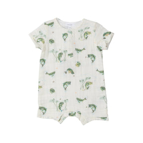 Front view of Angel Dear Bass Henley shortall with fish print for baby boys