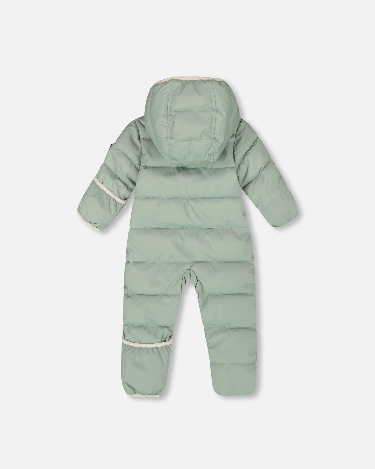 Back view of the sage green infant snowsuit showing horizontal quilting.