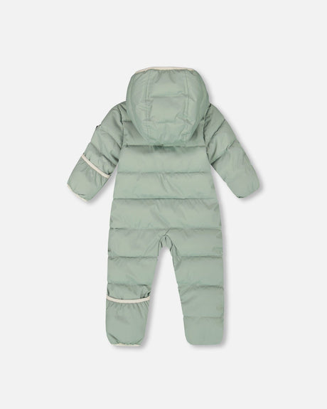 Back view of the sage green infant snowsuit showing horizontal quilting.