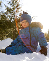 Hood and faux fur trim detail of the Deux par Deux Baby Snowsuit blue print