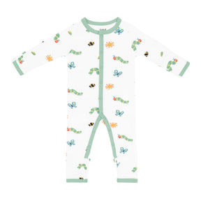 Kyte Baby unisex bamboo romper in The Very Hungry Caterpillar print with green trim