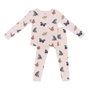 Kyte Baby girls Blush Butterfly bamboo long sleeve pajama set with matching top and pants.