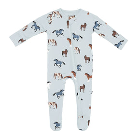 Kyte Baby unisex Blue Horse bamboo zippered footie with long sleeves, dual zipper, and soft stretch fabric.