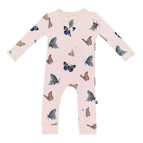 Kyte Baby girls Blush Butterfly bamboo zippered romper with long sleeves and dual zipper.