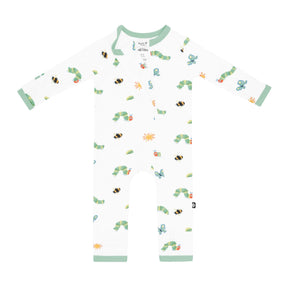 Kyte Baby unisex zippered bamboo romper in The Very Hungry Caterpillar print with green trim