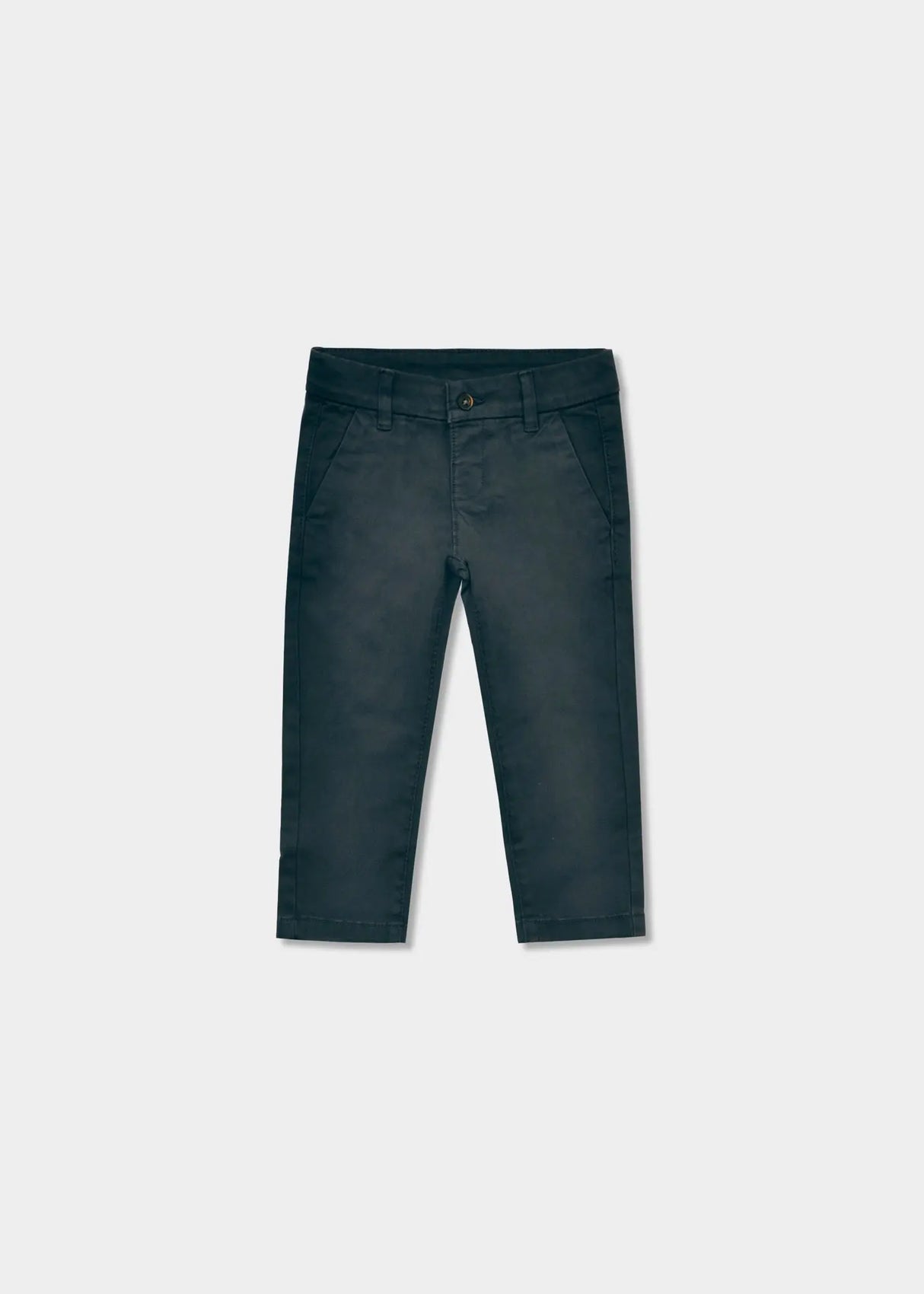 Mayoral Baby Basic Chinos dark grey front view, adjustable elastic waist soft cotton twill