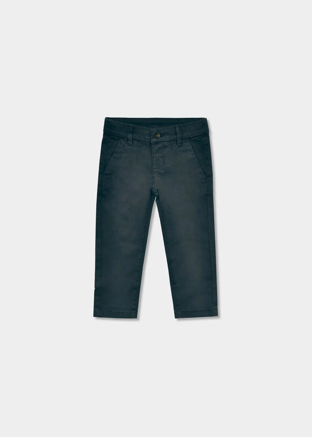 Mayoral Baby Basic Chinos dark grey front view, adjustable elastic waist soft cotton twill