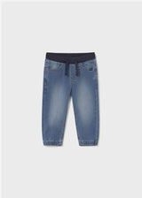 Mayoral Baby Denim Jogger Pants blue front view, elastic drawstring waist for comfy fit