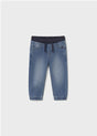 Mayoral Baby Denim Jogger Pants blue front view, elastic drawstring waist for comfy fit