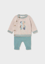 Mayoral newborn boy knit sweater and pants set in beige and mineral green with a bear on the front