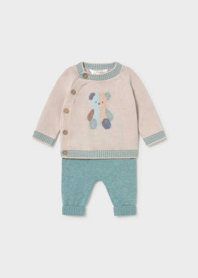 Mayoral newborn boy knit sweater and pants set in beige and mineral green with a bear on the front