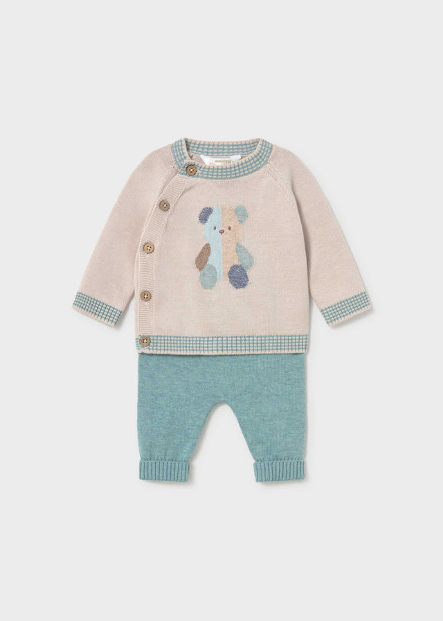 Mayoral newborn boy knit sweater and pants set in beige and mineral green with a bear on the front