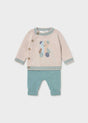 Mayoral newborn boy knit sweater and pants set in beige and mineral green with a bear on the front