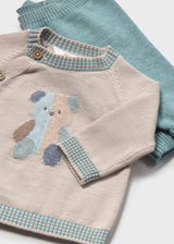 Close-up of the bear design, wooden buttons and checked trim on the Mayoral newborn knit sweater