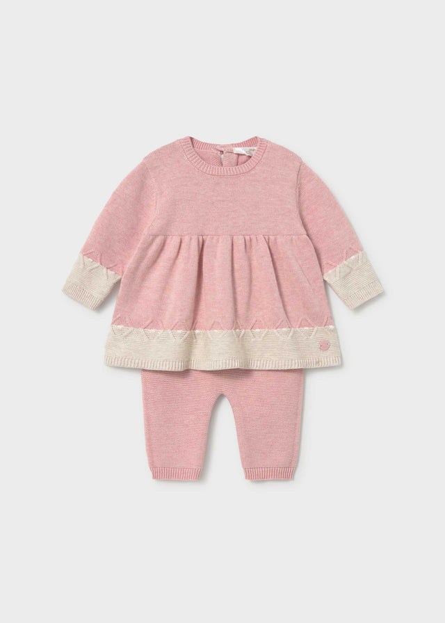 Mayoral newborn baby girl dress with leggings set in soft Pink and Cream 100% cotton.
