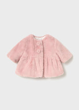 Pink faux fur coat with two pom-pom buttons and a gathered flared hem, Mayoral newborn girl