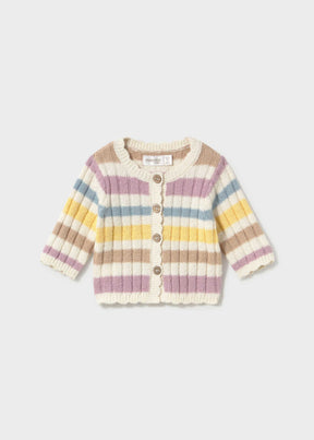 Mayoral newborn baby girl knit cardigan with pastel stripes and button-front closure.