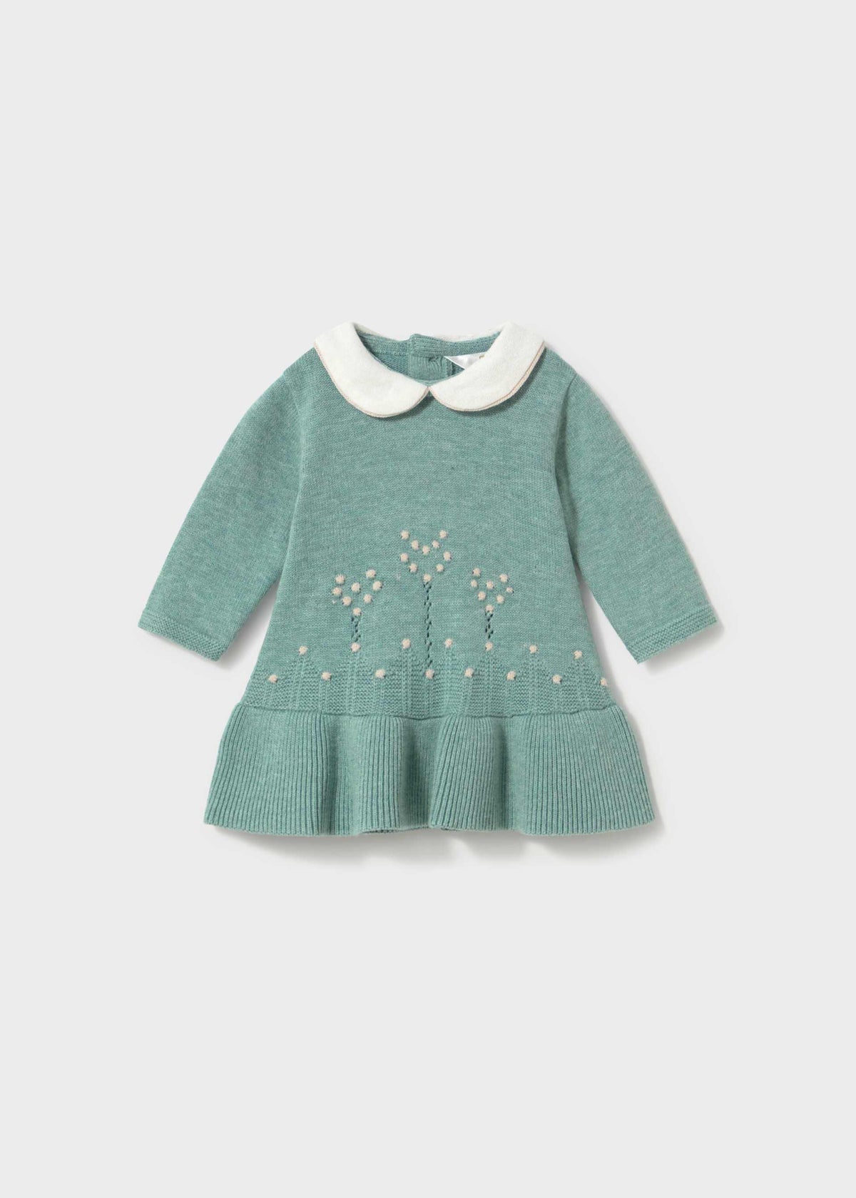 Sage green ribbed-hem knit dress with cream Peter Pan collar and knit-in flower pattern, Mayoral