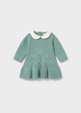 Sage green ribbed-hem knit dress with cream Peter Pan collar and knit-in flower pattern, Mayoral