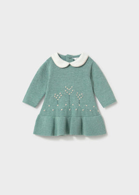 Sage green ribbed-hem knit dress with cream Peter Pan collar and knit-in flower pattern, Mayoral