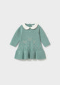 Sage green ribbed-hem knit dress with cream Peter Pan collar and knit-in flower pattern, Mayoral