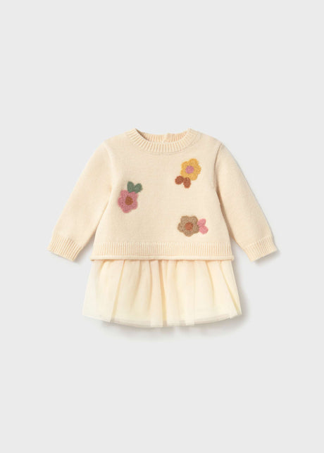 Cream knit top with textured flower motifs over a cream tulle skirt, Mayoral baby girl dress