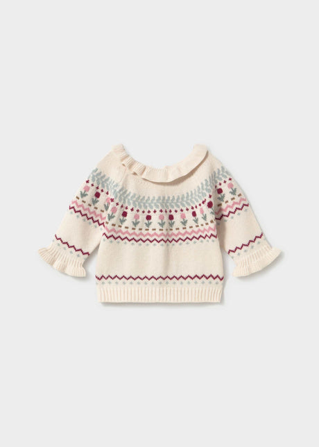 Mayoral baby girl cream knit sweater with pink and green pattern and ruffled collar, front view