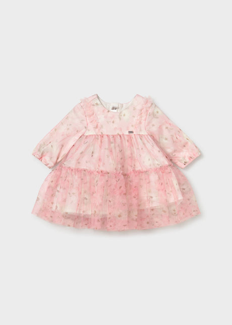 Front view of the pink floral tulle Mayoral baby dress with shoulder ruffles and a tiered skirt