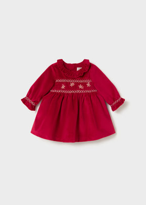 Mayoral baby girl red velvet dress with frilled collar and embroidered smocked bodice, front view