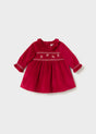 Mayoral baby girl red velvet dress with frilled collar and embroidered smocked bodice, front view
