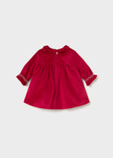 Back view of the red velvet dress with frilled collar and back zipper