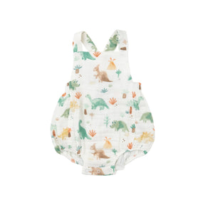 Angel Dear Softy Dinos organic cotton muslin retro sunsuit for baby boys, front view