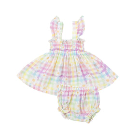 Angel Dear Gingham Daisy pastel ruffle-strap smocked top and matching diaper cover