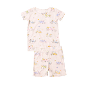 Front view of Angel Dear Bikes Pink pale pink short pajama set with pastel bicycle print