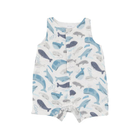 Angel Dear Blue Whales organic cotton muslin shortie romper for baby boys