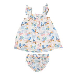 Back view of Angel Dear Butterfly Patch sundress with matching ruffle diaper cover
