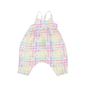 Angel Dear Gingham Daisy pastel tie-back romper front view with white flowers