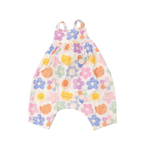 Angel Dear Happy Suns tie-back romper front view with colorful flowers and smiling suns