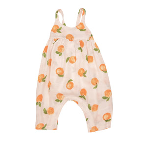 Angel Dear Peaches pale peach tie-back romper front view with orange fruit print