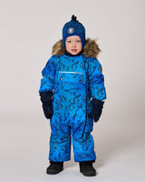 Close-up detail of waterproof zipper and chin guard on the Deux par Deux dinosaur snowsuit