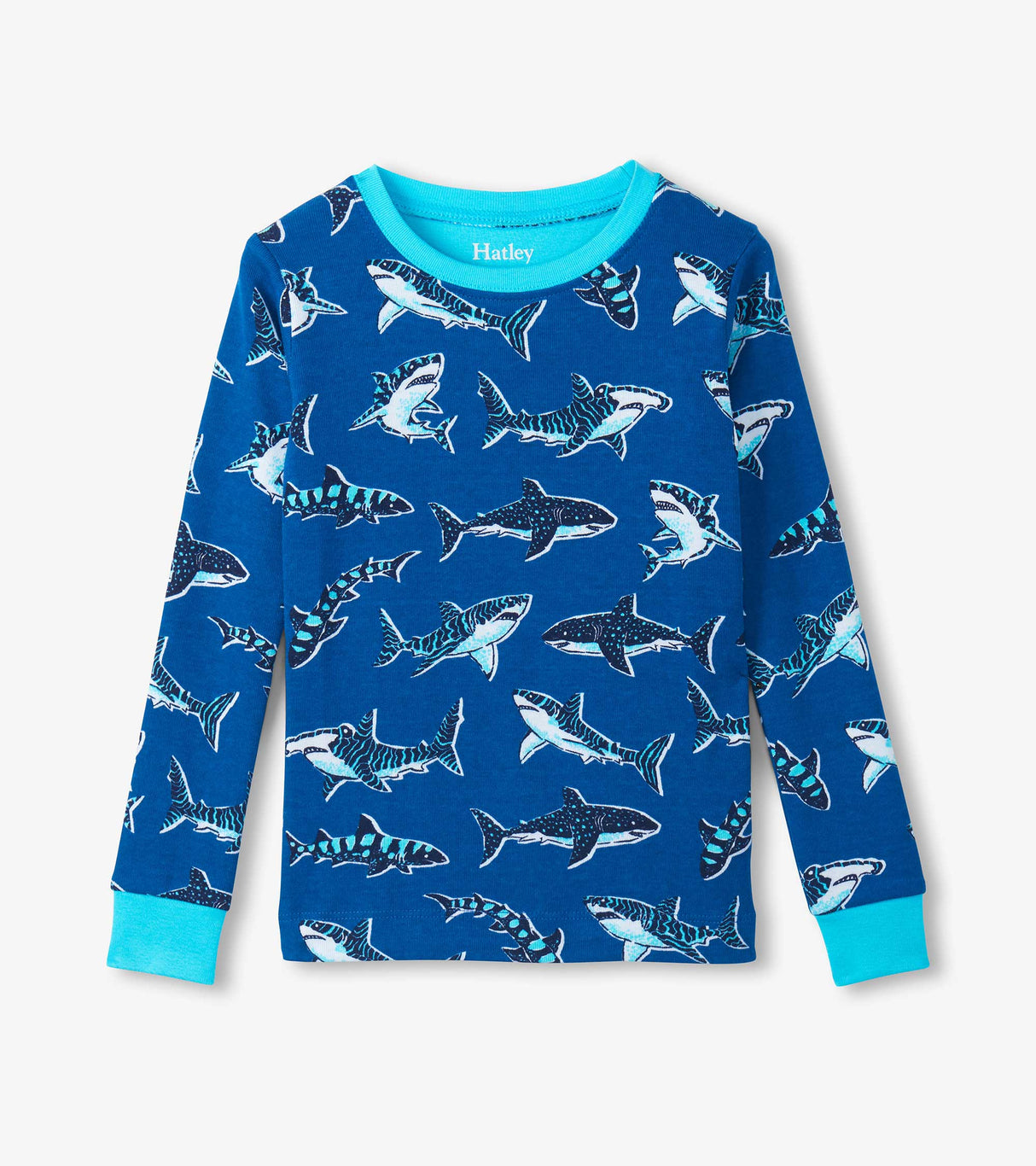 Front view of boys shark-print pajama top with bright Aqua neckline and sleeve cuffs.