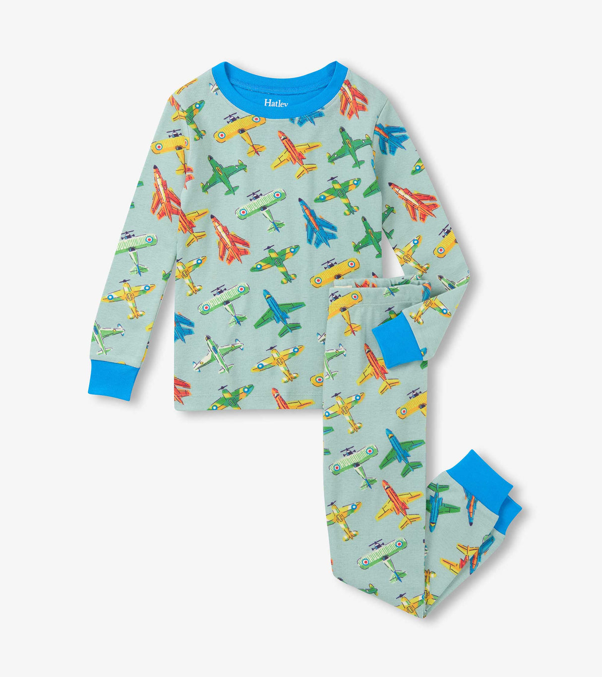 Hatley boys cotton pajama set in Green/Blue with Vintage Aircrafts print and matching long pants.